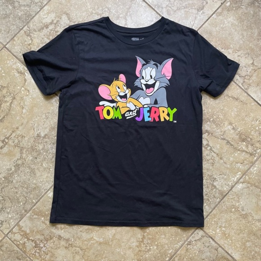 Tom and Jerry‎ Graphic T-Shirt Cartoon Characters Black Tee Size L